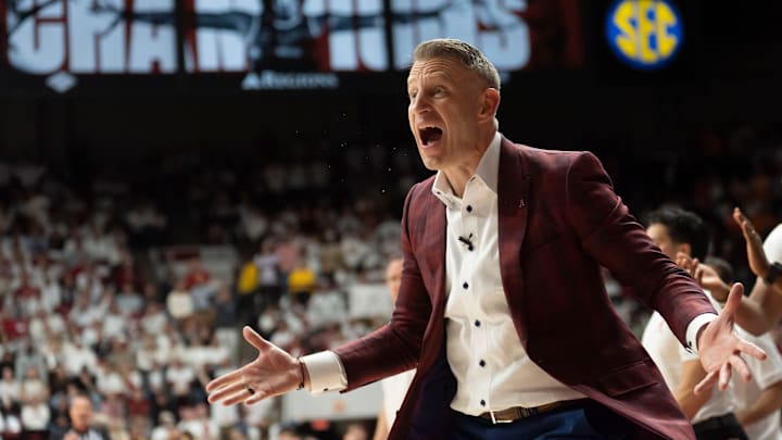 Jan 24, 2026; Tuscaloosa, AL, USA; Alabama head coach Nate Oats yells at an official over what he believed was a missed foul by a Tennessee player at Coleman Coliseum. Mandatory Credit: Gary Cosby Jr.-Tuscaloosa News