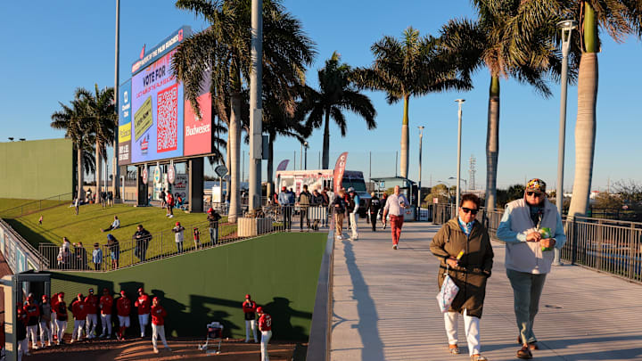 Feb 22, 2026; West Palm Beach, Florida, USA; Washington Nationals starting pitcher Jake Irvin (27) warms up in the bullpen before the game against the Philadelphia Phillies at CACTI Park of the Palm Beaches. Mandatory Credit: Sam Navarro-Imagn Images