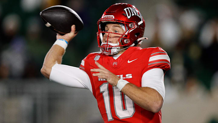 USA; UNLV Rebels quarterback Anthony Colandrea (10) attempts a pass in the third quarter against the Colorado State Rams at Sonny Lubick Field at Canvas Stadium. Mandatory Credit: Isaiah J. Downing-Imagn Images