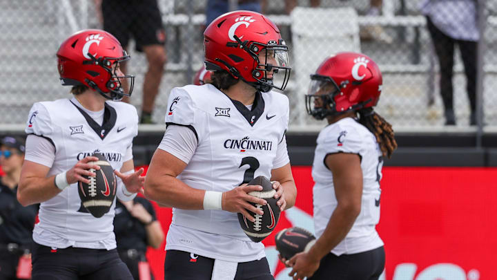 Oct 12, 2024; Orlando, Florida, USA; Cincinnati Bearcats quarterback Brendan Sorsby (2) warms up before the game against the UCF Knights at FBC Mortgage Stadium. Mandatory Credit: Mike Watters-Imagn Images