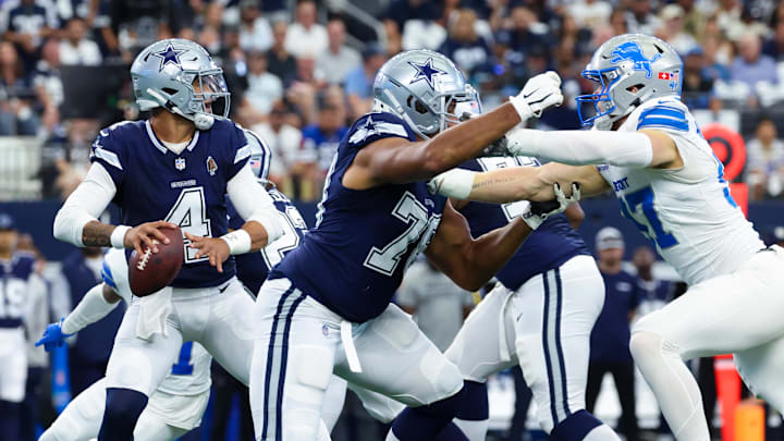 Oct 13, 2024; Arlington, Texas, USA; Dallas Cowboys quarterback Dak Prescott (4) throws during the first quarter against the Detroit Lions at AT&T Stadium.