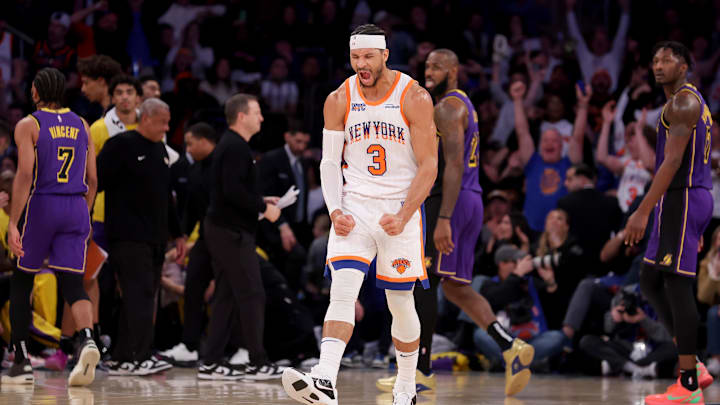 Feb 1, 2025; New York, New York, USA; New York Knicks guard Josh Hart (3) reacts after a three point shot against the Los Angeles Lakers at the buzzer at the end of the third quarter at Madison Square Garden. Mandatory Credit: Brad Penner-Imagn Images Feb 1, 2025; New York, New York, USA; New York Knicks guard Josh Hart (3) reacts after a three point shot against the Los Angeles Lakers at the buzzer at the end of the third quarter at Madison Square Garden. Mandatory Credit: Brad Penner-Imagn Images