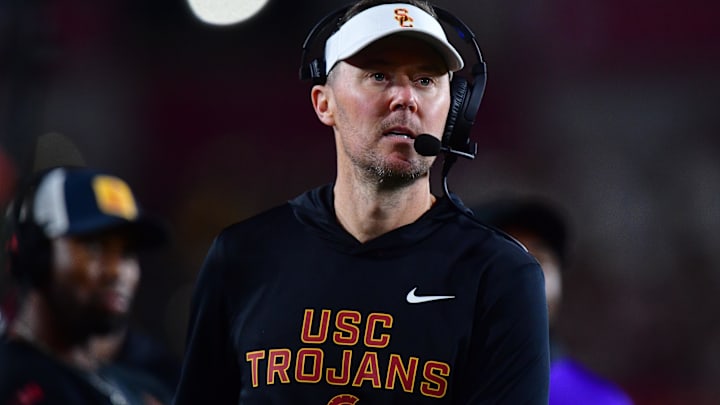 Nov 7, 2025; Los Angeles, California, USA; Southern California Trojans head coach Lincoln Riley watches game action against the Northwestern Wildcats during the second half at the Los Angeles Memorial Coliseum. Mandatory Credit: Gary A. Vasquez-Imagn Images