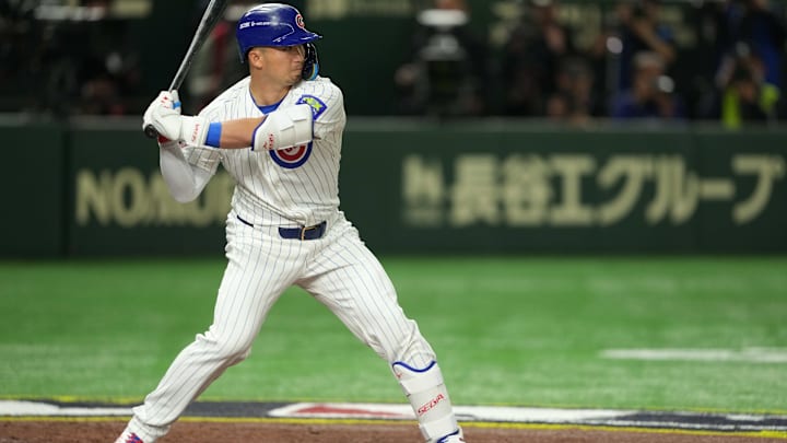 Mar 18, 2025; Bunkyo, Tokyo, JPN; Chicago Cubs outfielder Seiya Suzuki (27) takes an at-bat in the eighth inning against the Los Angeles Dodgers during the Tokyo Series at Tokyo Dome. 