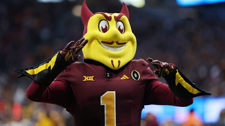 Jan 1, 2025; Atlanta, GA, USA; Arizona State Sun Devils mascot Sparky the Sun Devil during the second half of the Peach Bowl at Mercedes-Benz Stadium. Mandatory Credit: Brett Davis-Imagn Images