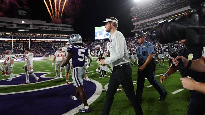 Kansas State Wildcats head coach Collin Klein walks on to the field after a 71-3 victory over Nicholls Colonels inside Bill Snyder Family Stadium on Sept. 5, 2026. Kansas State Wildcats head coach Collin Klein walks on to the field after a 71-3 victory over Nicholls Colonels inside Bill Snyder Family Stadium on Sept. 5, 2026.