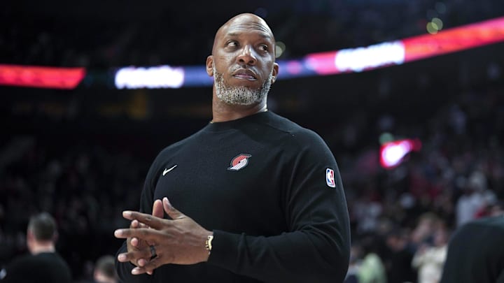 Dec 30, 2024; Portland, Oregon, USA; Portland Trail Blazers head coach Chauncey Billups looks on before the game against the Philadelphia 76ers at Moda Center. Mandatory Credit: Soobum Im-Imagn Images