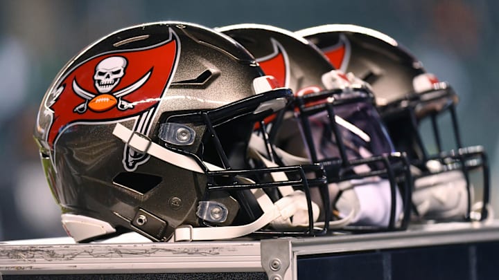 Tampa Bay Buccaneers helmets during pregame warmups against the Philadelphia Eagles.
