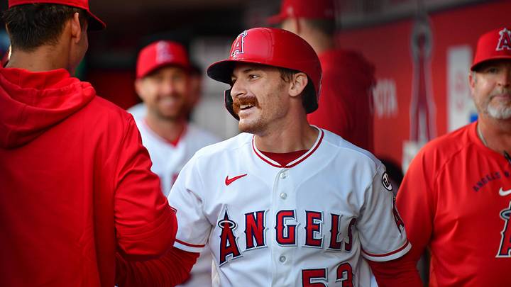 Jun 9, 2026; Anaheim, California, USA; Los Angeles Angels left fielder Wade Meckler (53) reacts after scoring a run against the Houston Astros during the second inning at Angel Stadium. Mandatory Credit: Gary A. Vasquez-Imagn Images