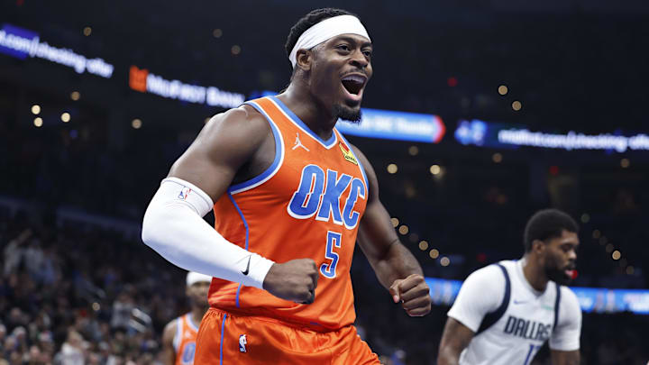 Dec 10, 2024; Oklahoma City, Oklahoma, USA; Oklahoma City Thunder guard Luguentz Dort (5) celebrates after a play against the Dallas Mavericks during the second quarter at Paycom Center. Mandatory Credit: Alonzo Adams-Imagn Images
