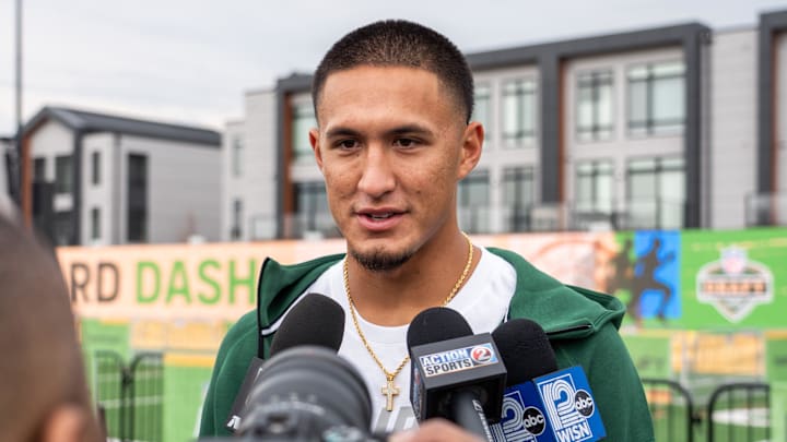 2025 NFL Draft Prospect Tetairoa McMillan, wide receiver at Arizona, speaks to the press after the Play Football Prospect Clinic event on Wednesday April 23, 2025 in the Titletown District in Ashwaubenon, Wis.