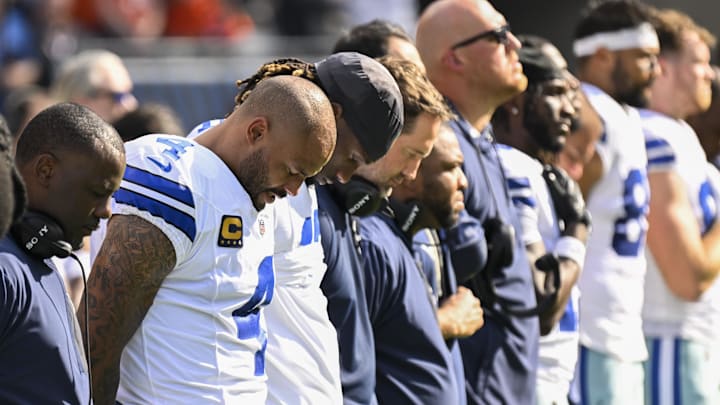 Dallas Cowboys quarterback Dak Prescott during the National Anthem before a game against the Chicago Bears at Soldier Field. 