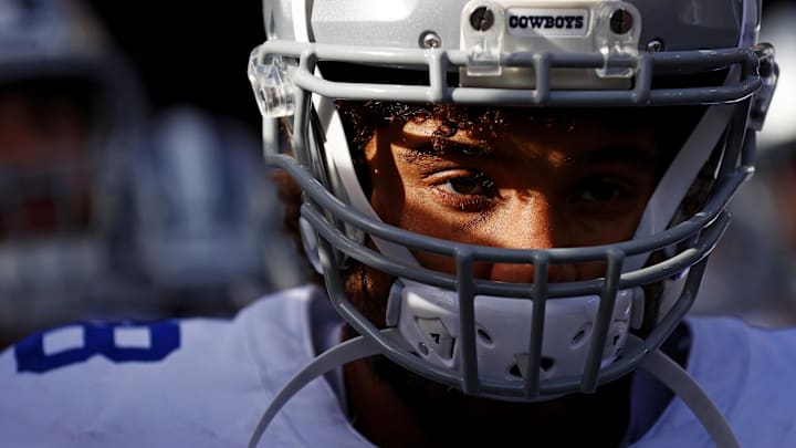 Dallas Cowboys offensive tackle Terence Steele waits to take the field before playing against the Washington Commanders 