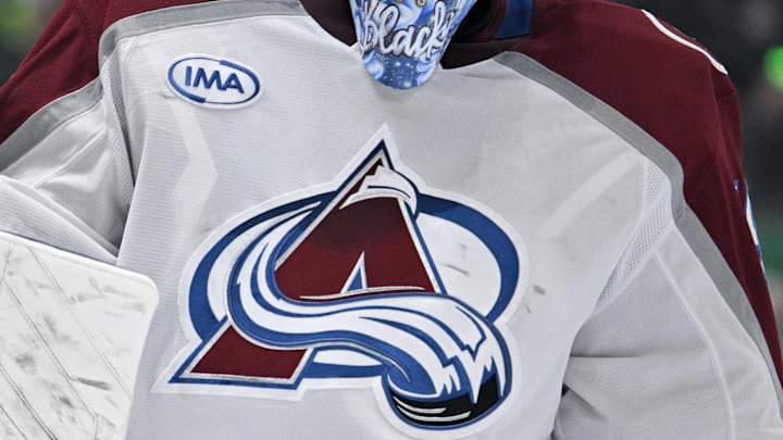 Apr 21, 2025; Dallas, Texas, USA; A view of the logo of Colorado Avalanche goaltender Mackenzie Blackwood (39) during the game between the Dallas Stars and the Colorado Avalanche in game two of the first round of the 2025 Stanley Cup Playoffs at American Airlines Center. Mandatory Credit: Jerome Miron-Imagn Images