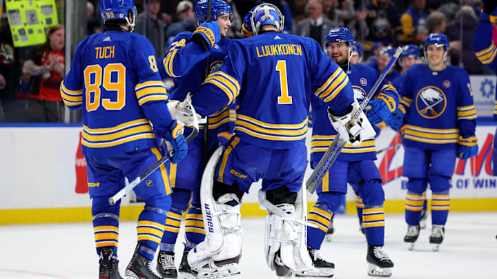 Mar 9, 2024; Buffalo, New York, USA;  Buffalo Sabres goaltender Ukko-Pekka Luukkonen (1) celebrates his shootout win against the Edmonton Oilers at KeyBank Center. Mandatory Credit: Timothy T. Ludwig-USA TODAY Sports