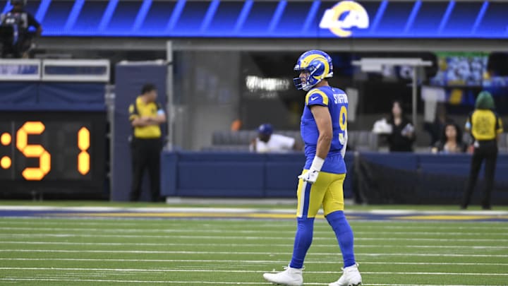 Oct 20, 2024; Inglewood, California, USA; Los Angeles Rams quarterback Matthew Stafford (9) walks back to the huddle after the two-minute warning against the Las Vegas Raiders in the second half at SoFi Stadium. Mandatory Credit: Alex Gallardo-Imagn Images Oct 20, 2024; Inglewood, California, USA; Los Angeles Rams quarterback Matthew Stafford (9) walks back to the huddle after the two-minute warning against the Las Vegas Raiders in the second half at SoFi Stadium. Mandatory Credit: Alex Gallardo-Imagn Images