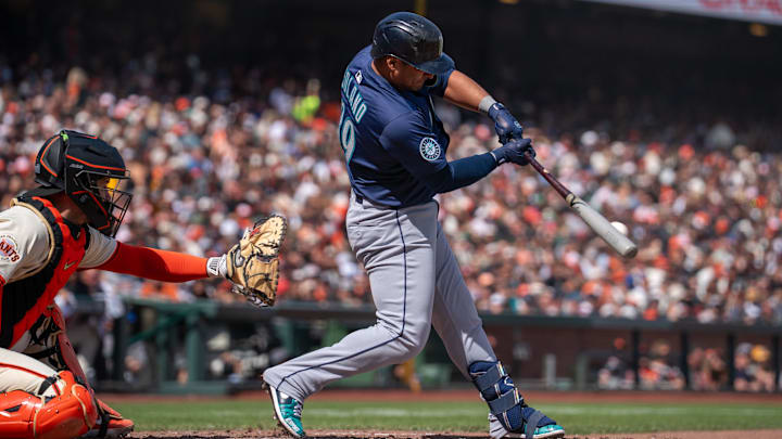 Seattle Mariners third baseman Donovan Solano singles during a game against the San Francisco Giants on April 6 at Oracle Park.