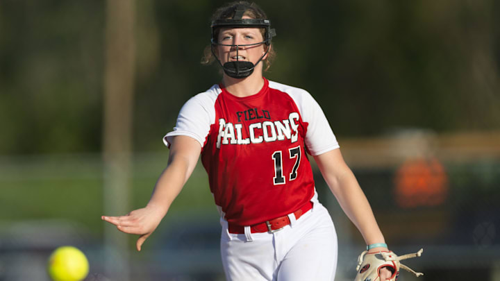 Field's Maddie Burge pitches during a high school softball game against the Coventry Comets Monday, April 29, 2024 in Coventry Township.