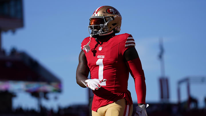 Dec 8, 2024; Santa Clara, California, USA; San Francisco 49ers wide receiver Deebo Samuel Sr. (1) walks on the field before the start of the game against the Chicago Bears at Levi's Stadium. Mandatory Credit: Cary Edmondson-Imagn Images Dec 8, 2024; Santa Clara, California, USA; San Francisco 49ers wide receiver Deebo Samuel Sr. (1) walks on the field before the start of the game against the Chicago Bears at Levi's Stadium. Mandatory Credit: Cary Edmondson-Imagn Images