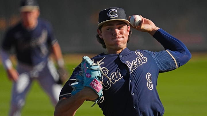 Casteel pitcher Mason Russell (8) pitches against Liberty during the Boras Classic Baseball Tournament at Corona Del Sol in Tempe on March 13, 2024.