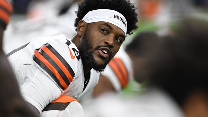 Cleveland Browns wide receiver David Bell (18) during pre-game warmups before their game against the Buffalo Bills at Ford Field.