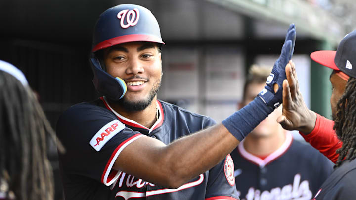 Jul 3, 2025; Washington, District of Columbia, USA; Washington Nationals left fielder James Wood (29) is congratulated by teammates after hitting a solo home run against the Detroit Tigers during the second inning at Nationals Park.