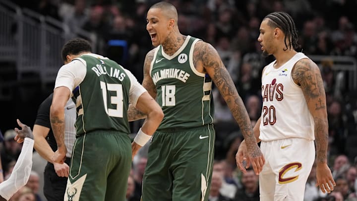 Feb 25, 2026; Milwaukee, Wisconsin, USA;  Milwaukee Bucks forward Kyle Kuzma (18) celebrates a play with guard Ryan Rollins (13) during the fourth quarter against the Cleveland Cavaliers at Fiserv Forum. Mandatory Credit: Jeff Hanisch-Imagn Images