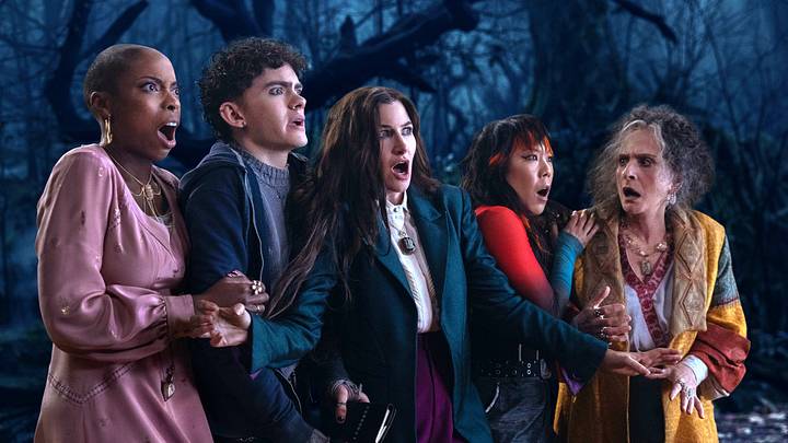 Jennifer Kale, Teen, Agatha Harkness, Alice Wu-Gulliver, and Lilia Calderu in Marvel Television's AGATHA ALL ALONG, exclusively on Disney+.
