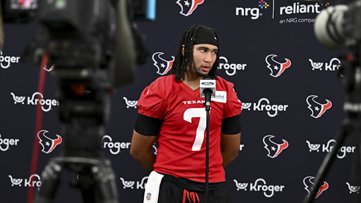 Jun 10, 2025; Houston, TX, USA; Houston Texans quarterback C.J. Stroud speaks at a press conference after an NFL football minicamp at NRG Stadium. Mandatory Credit: Maria Lysaker-Imagn Images 