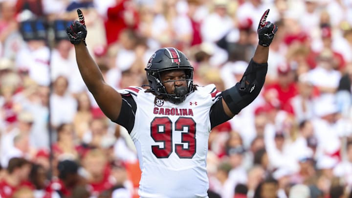 Oct 19, 2024; Norman, Oklahoma, USA;  South Carolina Gamecocks defensive tackle Nick Barrett (93) reacts after a touchdown during the first half against the Oklahoma Sooners at Gaylord Family-Oklahoma Memorial Stadium. Mandatory Credit: Kevin Jairaj-Imagn Images