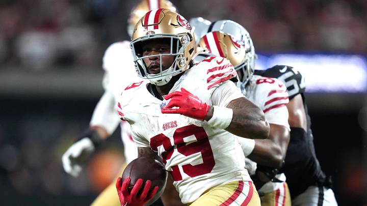 Aug 27, 2026; Paradise, Nevada, USA;  San Francisco 49ers running back Jordan James (29) runs the ball against the Las Vegas Raiders during the third quarter at Allegiant Stadium.  Mandatory Credit: Kirby Lee-Imagn Images
