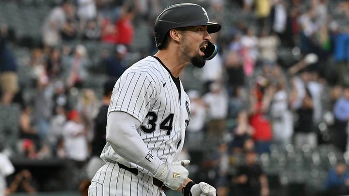 Jun 24, 2026: Chicago White Sox outfielder Randal Grichuk (34) reacts after hitting a home run against the Cleveland Guardians during the ninth inning at Rate Field. Credit: Patrick Gorski-Imagn Images