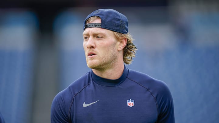 Tennessee Titans quarterback Will Levis (8) warms up before the Titans play the Bengals at Nissan Stadium in Nashville, Tenn., Sunday, Dec. 15, 2024.
