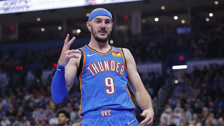 Mar 7, 2025; Oklahoma City, Oklahoma, USA; Oklahoma City Thunder guard Alex Caruso (9) gestures after scoring against the Portland Trail Blazers during the second quarter at Paycom Center. Mandatory Credit: Alonzo Adams-Imagn Images