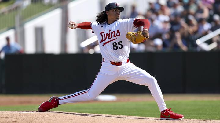Feb 27, 2026; Fort Myers, Florida, USA; Minnesota Twins pitcher Marco Raya (85) throws a pitch against the New York Yankees in the first inning during spring training at Lee Health Sports Complex/Hammond Stadium. 