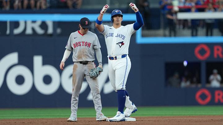 Aug 10, 2026; Toronto, Ontario, CAN; Toronto Blue Jays Brandon Valenzuela (59) celebrates hitting a double during the third inning against the Boston Red Sox at Rogers Centre. Mandatory Credit: Nick Turchiaro-Imagn Images