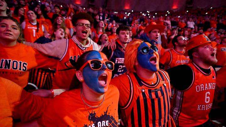Mar 3, 2026; Champaign, Illinois, USA; Members of the Orange Krush cheer during the first half against the Oregon Ducks at State Farm Center. Mandatory Credit: Ron Johnson-Imagn Images Mar 3, 2026; Champaign, Illinois, USA; Members of the Orange Krush cheer during the first half against the Oregon Ducks at State Farm Center. Mandatory Credit: Ron Johnson-Imagn Images