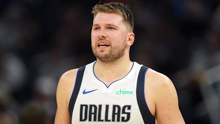 Dec 15, 2024; San Francisco, California, USA; Dallas Mavericks guard Luka Doncic (77) during the fourth quarter against the Golden State Warriors at Chase Center. Mandatory Credit: Darren Yamashita-Imagn Images