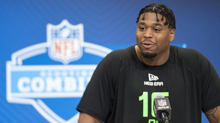 Mar 1, 2025; Indianapolis, IN, USA; William & Mary offensive lineman Grant Charles (OL16) answers questions at a press conference during the 2025 NFL Combine at Indiana Convention Center. Mandatory Credit: Jacob Musselman-Imagn Images Mar 1, 2025; Indianapolis, IN, USA; William & Mary offensive lineman Grant Charles (OL16) answers questions at a press conference during the 2025 NFL Combine at Indiana Convention Center. Mandatory Credit: Jacob Musselman-Imagn Images