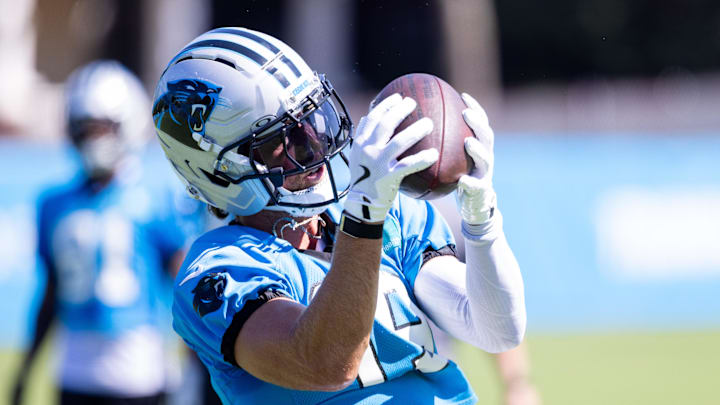 Jul 26, 2025; Charlotte, NC, USA; Carolina Panthers wide receiver Adam Thielen (19) makes a catch during training camp. Mandatory Credit: Scott Kinser-Imagn Images