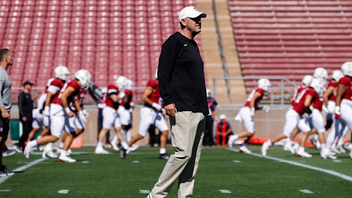 Sep 7, 2024; Stanford, California, USA; Stanford Cardinal head coach Troy Taylor looks on before a game against the Cal Poly Mustangs at Stanford Stadium. Mandatory Credit: Sergio Estrada-Imagn Images