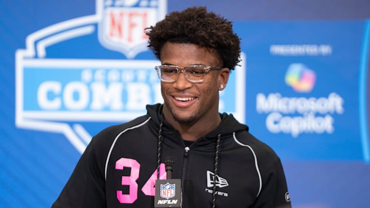 Feb 26, 2026; Indianapolis, IN, USA; Ohio State defensive back Caleb Downs (DB34) speaks to members of the media during the NFL Combine at the Indiana Convention Center. Mandatory Credit: Jacob Musselman-Imagn Images