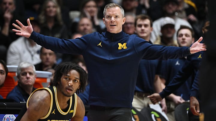 Feb 17, 2026; West Lafayette, Indiana, USA; Michigan Wolverines head coach Dusty May reacts to a call during the first half against the Purdue Boilermakers at Mackey Arena. Mandatory Credit: Marc Lebryk-Imagn Images Feb 17, 2026; West Lafayette, Indiana, USA; Michigan Wolverines head coach Dusty May reacts to a call during the first half against the Purdue Boilermakers at Mackey Arena. Mandatory Credit: Marc Lebryk-Imagn Images