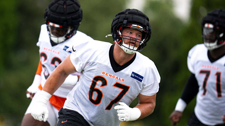 Cincinnati Bengals guard Cordell Volson (67) runs drills at Cincinnati Bengals training camp on the Kettering Health Practice Fields in Cincinnati on Sunday, July 28, 2024. Cincinnati Bengals guard Cordell Volson (67) runs drills at Cincinnati Bengals training camp on the Kettering Health Practice Fields in Cincinnati on Sunday, July 28, 2024.