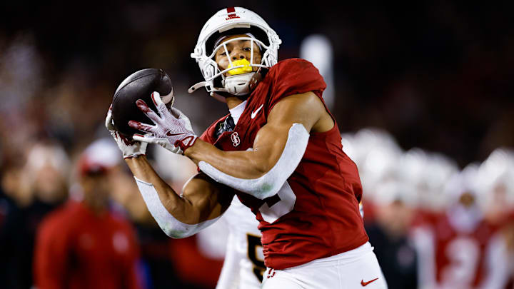 Nov 22, 2025; Stanford, California, USA; Stanford Cardinal wide receiver CJ Williams (3) catches a touchdown pass during the fourth quarter against the California Golden Bears at Stanford Stadium. Mandatory Credit: Sergio Estrada-Imagn Images