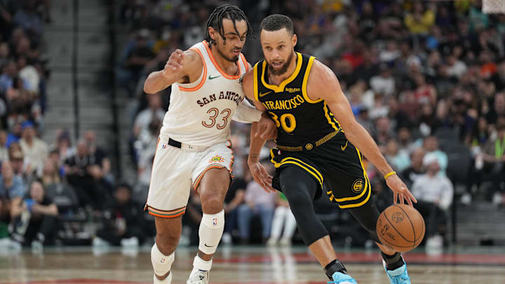Mar 31, 2024; San Antonio, Texas, USA; Golden State Warriors guard Stephen Curry (30) dribbles against the San Antonio Spurs. Mar 31, 2024; San Antonio, Texas, USA; Golden State Warriors guard Stephen Curry (30) dribbles against the San Antonio Spurs.