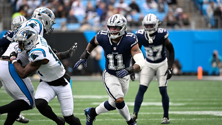 Dec 15, 2024; Charlotte, North Carolina, USA; Dallas Cowboys linebacker Micah Parsons (11) on the field in the first quarter at Bank of America Stadium. Mandatory Credit: Bob Donnan-Imagn Images Dec 15, 2024; Charlotte, North Carolina, USA; Dallas Cowboys linebacker Micah Parsons (11) on the field in the first quarter at Bank of America Stadium. Mandatory Credit: Bob Donnan-Imagn Images