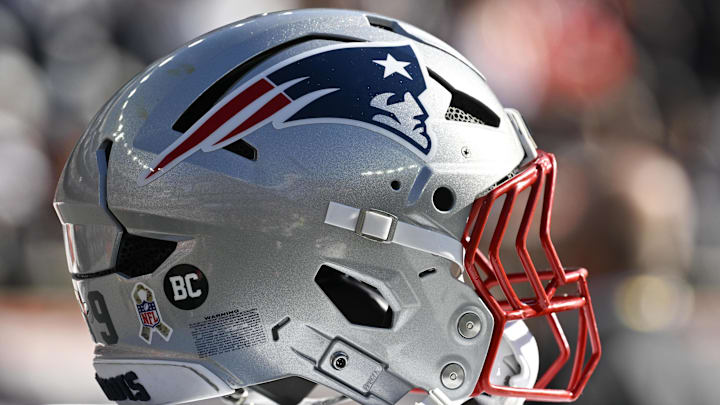 Nov 2, 2025; Foxborough, Massachusetts, USA;  Detail view of a New England Patriots helmet prior to the game against the Atlanta Falcons at Gillette Stadium. Mandatory Credit: Eric Canha-Imagn Images
