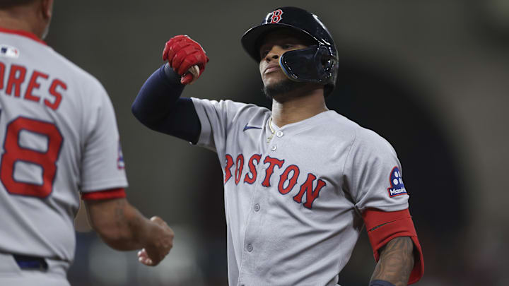 Aug 12, 2025; Houston, Texas, USA; Boston Red Sox second baseman Ceddanne Rafaela (3) celebrates after hitting a single during the sixth inning against the Houston Astros at Daikin Park. Mandatory Credit: Troy Taormina-Imagn Images