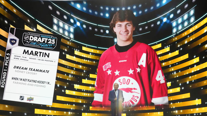 Jun 27, 2025; Los Angeles, California, USA; NHL Commissioner Gary Bettman announces Brady Martin is selected as the fifth overall pick to the Nashville Predators in the first round of the 2025 NHL Draft at Peacock Theater. Mandatory Credit: Kirby Lee-Imagn Images